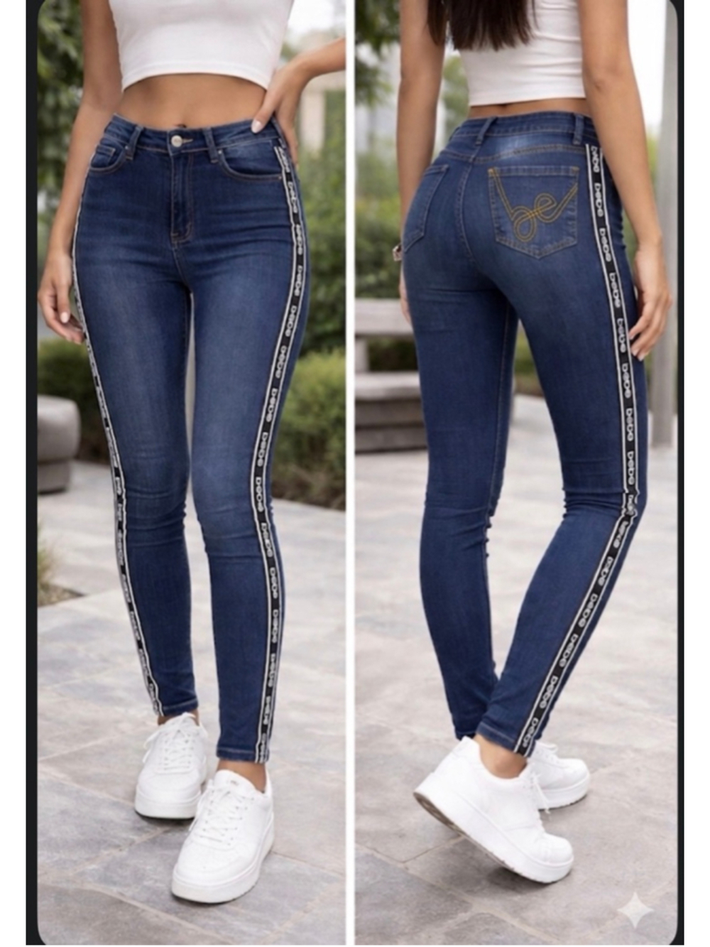 bebe Blue Skinny Jeans with Side Stripe, Size 32